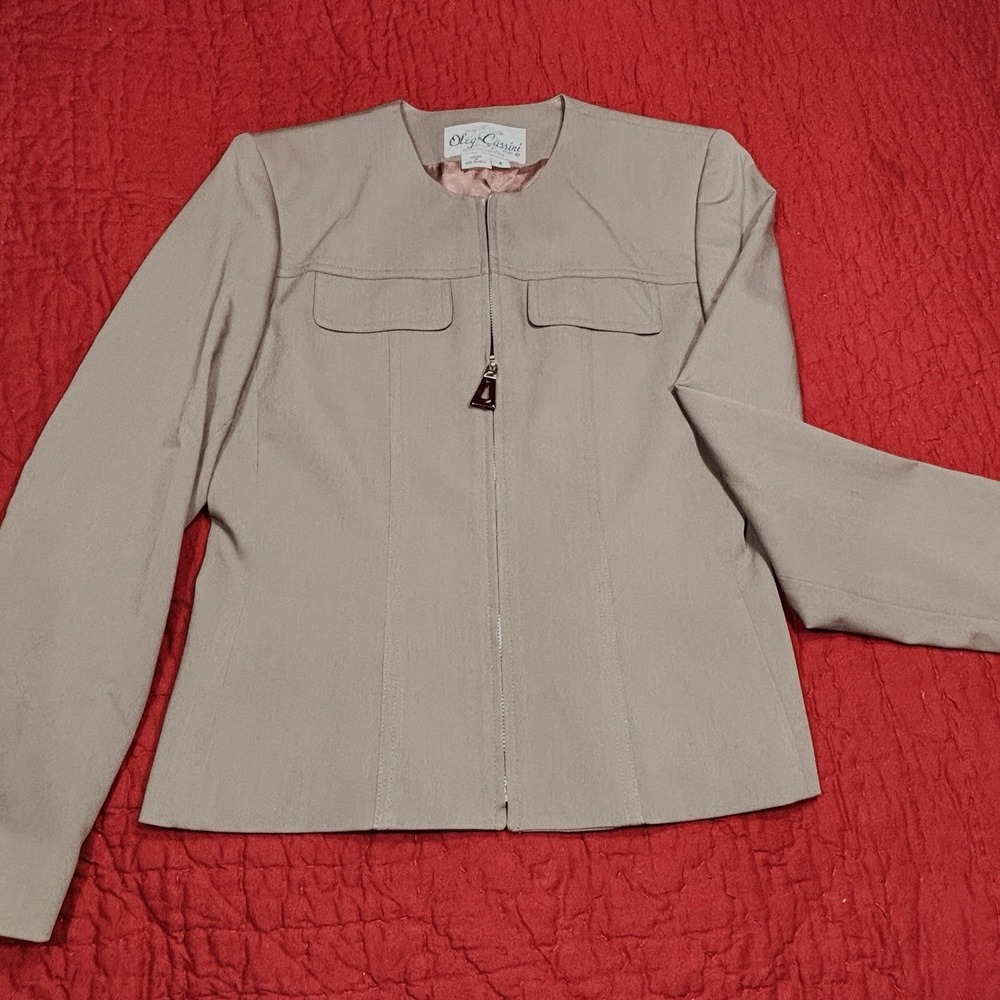 Vintage Oleg Cassini Blazer Jacket Womens 4 Beige Wool Blend Tortoise Shell Zip